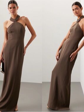 Ronny Kobo Lenox Toffee Brown Halter Crepe Dress Gown Size M